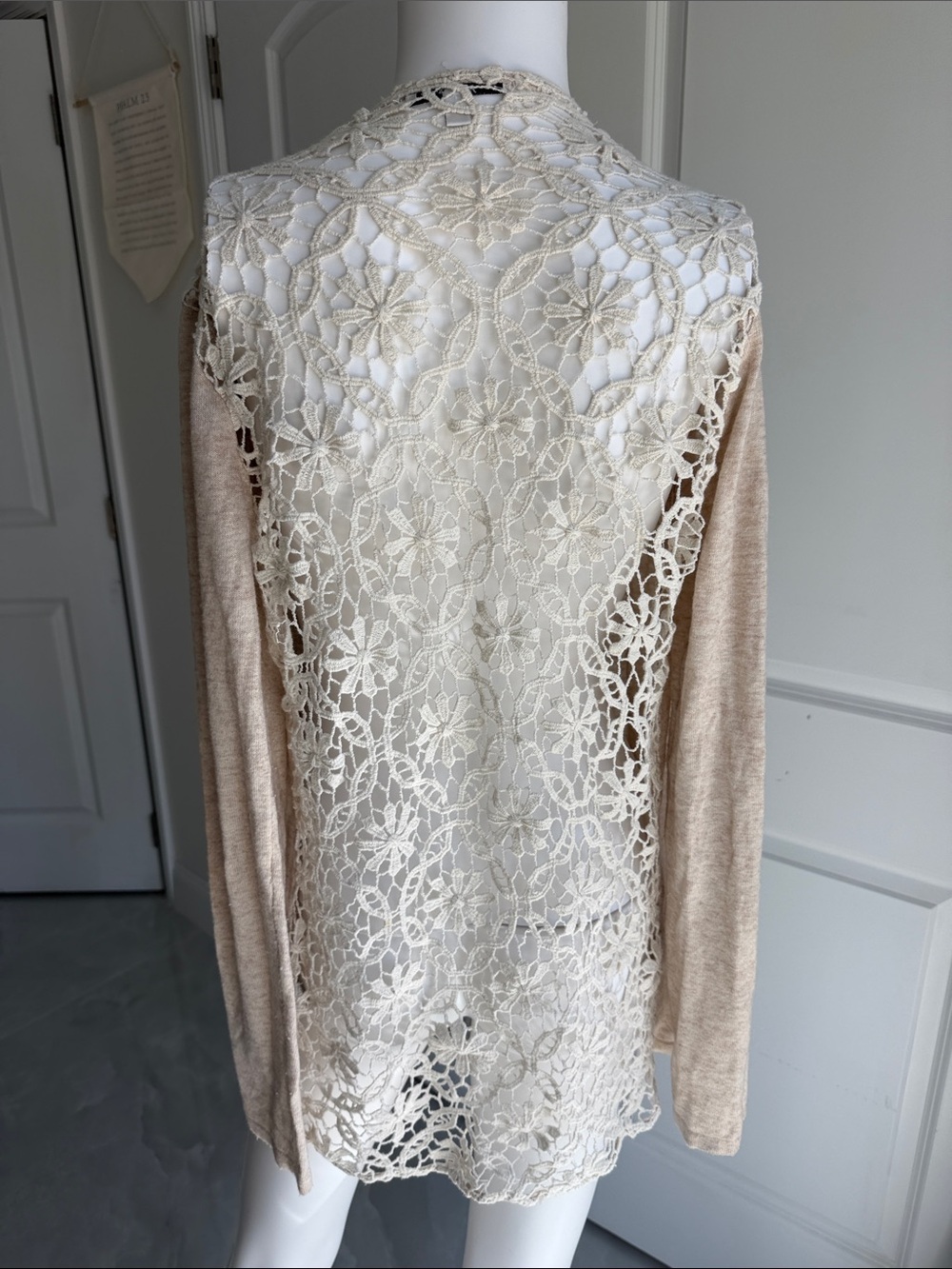 Papaya - Beige Women's Open-Front Draped Sweater Cardigan with full crochet back